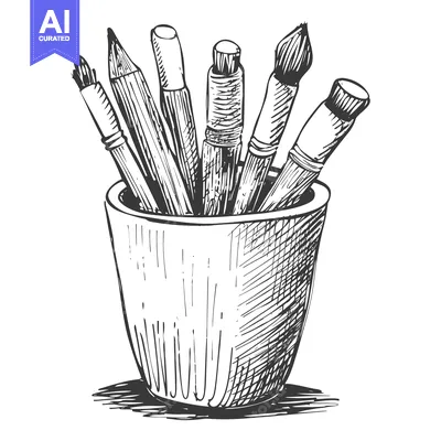 Aset desain premium: Hand-Drawn Sketch of Art Supplies in a Holder