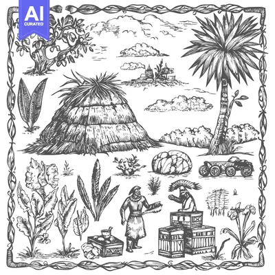Aset premium populer: Hand-Drawn Sketch of a Rural Landscape with Figures, Plants, and a Hay