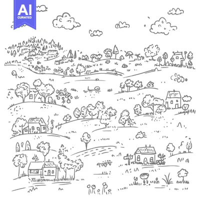 Aset premium populer: Hand-drawn Sketch of a Rural Landscape with Houses and Trees