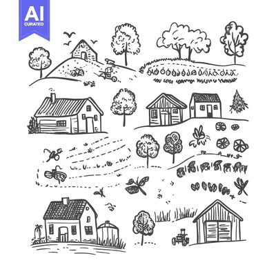Aset desain premium: Hand-drawn sketch of a rural landscape with houses, trees, and farm eq