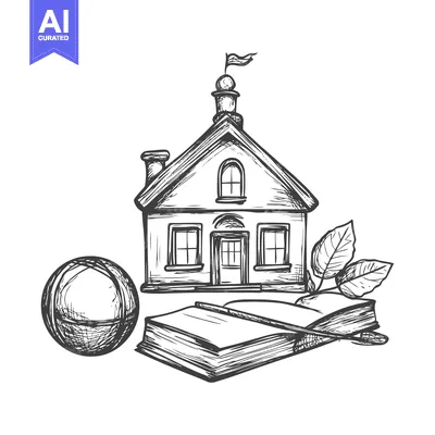 Aset desain premium: Hand-Drawn Sketch of a Schoolhouse with a Book, a Ball, and Leaves