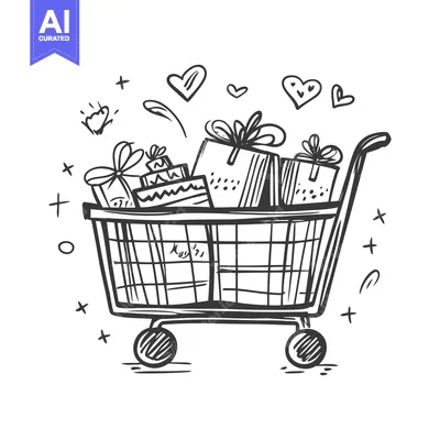 Aset premium populer: Hand-drawn sketch of a shopping cart full of gifts with hearts around