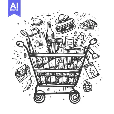 Aset desain premium: Hand-Drawn Sketch of a Shopping Cart Overflowing with Groceries