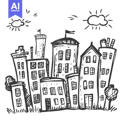 Premium design asset: Hand-drawn Sketch of a Simple Cityscape with Buildings and Trees