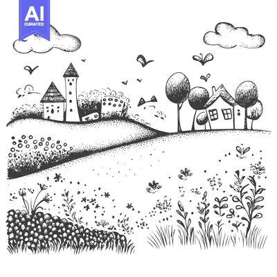 Premium design asset: Hand-Drawn Sketch of a Simple, Quaint Village Landscape