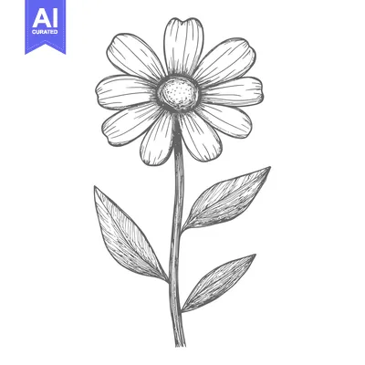 Hand-drawn Sketch of a Single Daisy with Stem and Leaves