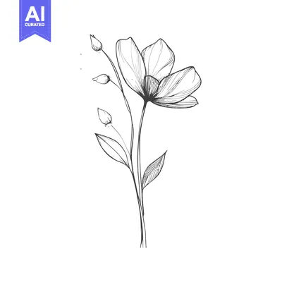 Aset desain premium: Hand-Drawn Sketch of a Single Flower with Buds and Leaves