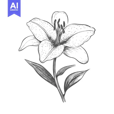 Aset desain premium: Hand-Drawn Sketch of a Single Lily Flower with Stem and Leaves