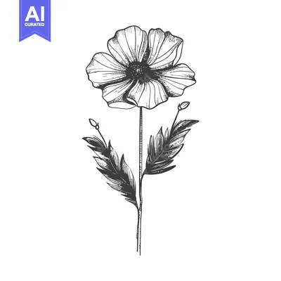 Aset premium populer: Hand-Drawn Sketch of a Single Poppy Flower with Buds and Leaves