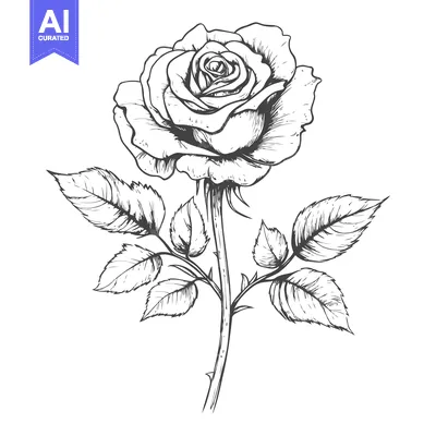 Aset desain premium: Hand-Drawn Sketch of a Single Rose with Stem and Leaves