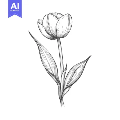 Aset desain premium: Hand-Drawn Sketch of a Single Tulip with Detailed Veining