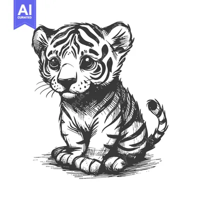 Aset desain premium: Hand-Drawn Sketch of a Sitting Tiger Cub with Large Eyes