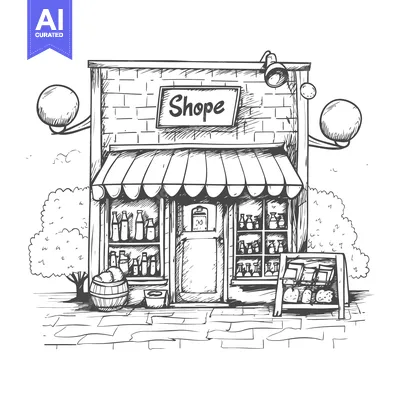 Aset desain premium: Hand-Drawn Sketch of a Small Brick Shop with Awnings and Streetlights