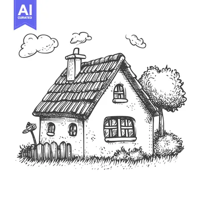 Hand-Drawn Sketch of a Small House with a Chimney and a Tree