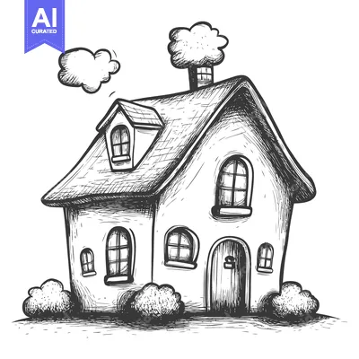 Aset premium populer: Hand-drawn Sketch of a Small House with a Chimney and Clouds