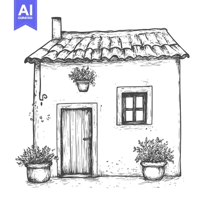 Aset desain premium: Hand-drawn Sketch of a Small House with a Door, Window, and Potted Pla