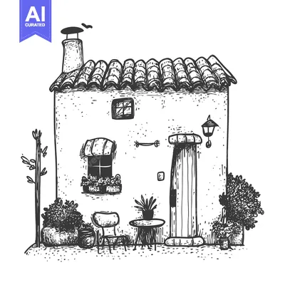 Aset desain premium: Hand-Drawn Sketch of a Small House with a Patio and Plants