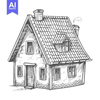 Hand-drawn sketch of a small house with a tiled roof and chimneys