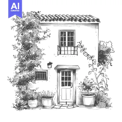 Aset desain premium: Hand-drawn Sketch of a Small House with Plants and Flowers
