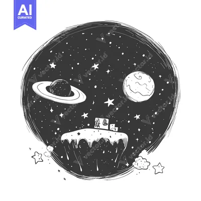 Premium design asset: Hand-drawn Sketch of a Small Planet with a Single House and Planets in