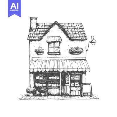 Aset desain premium: Hand-drawn Sketch of a Small Shop Building with an Awning