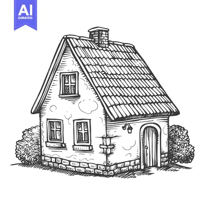 Hand-drawn Sketch of a Small Stone Cottage with a Tiled Roof