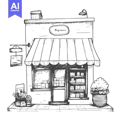 Aset premium populer: Hand-drawn sketch of a small storefront with an awning
