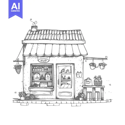 Aset desain premium: Hand-drawn sketch of a small storefront with a sign that says "Hup"
