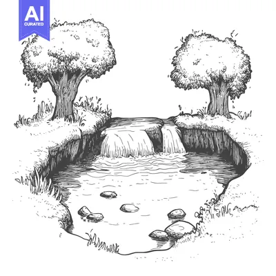 Popular premium asset: Hand-Drawn Sketch of a Small Waterfall and Pond Surrounded by Trees an