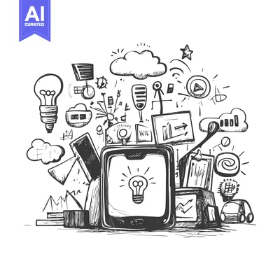 Aset desain premium: Hand-Drawn Sketch of a Smartphone with a Light Bulb Icon Surrounded by