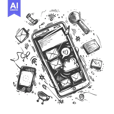 Premium design asset: Hand-Drawn Sketch of a Smartphone with Surrounding Digital Elements