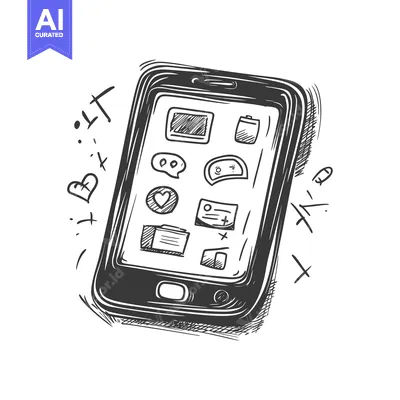 Aset desain premium: Hand-drawn sketch of a smartphone with various app icons on the screen
