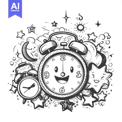 Aset desain premium: Hand-Drawn Sketch of a Smiling Alarm Clock with Stars and Other Elemen