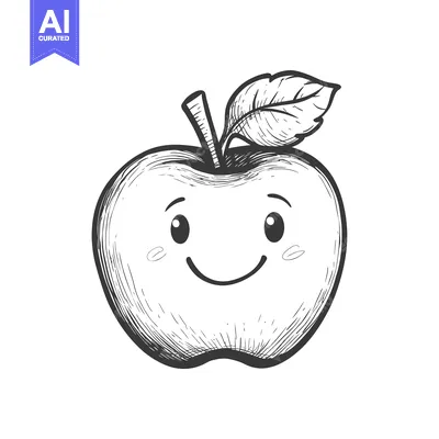 Aset desain premium: Hand-Drawn Sketch of a Smiling Apple with a Leaf