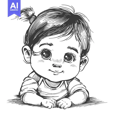 Aset premium populer: Hand-drawn sketch of a smiling baby girl with a ponytail