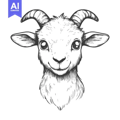 Aset premium populer: Hand-Drawn Sketch of a Smiling Baby Goat with Horns and Large Eyes