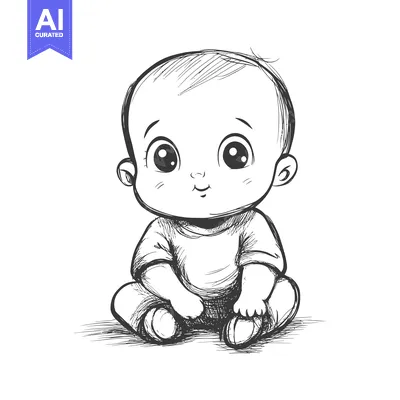 Aset desain premium: Hand-Drawn Sketch of a Smiling Baby Sitting
