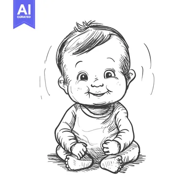 Aset desain premium: Hand-drawn Sketch of a Smiling Baby Sitting with Hands Folded