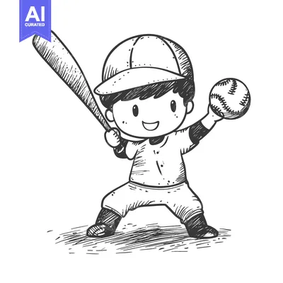 Aset premium populer: Hand-Drawn Sketch of a Smiling Baseball Player Holding a Bat and Ball