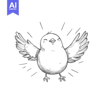 Aset desain premium: Hand-Drawn Sketch of a Smiling Bird with Spread Wings