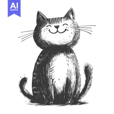 Premium design asset: Hand-Drawn Sketch of a Smiling Black Cat Sitting