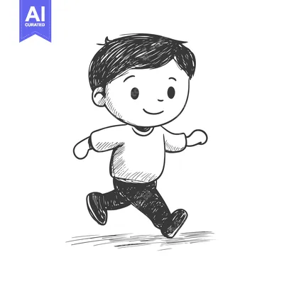 Premium design asset: Hand-Drawn Sketch of a Smiling Boy Walking