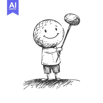Premium design asset: Hand-Drawn Sketch of a Smiling Character Holding a Round Object on a S