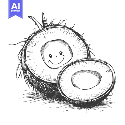 Aset desain premium: Hand-Drawn Sketch of a Smiling Coconut with a Half-Shell