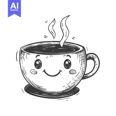 Aset desain premium: Hand-drawn Sketch of a Smiling Coffee Cup with Steam