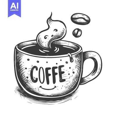 Aset desain premium: Hand-drawn Sketch of a Smiling Coffee Mug with Steam and Coffee Beans