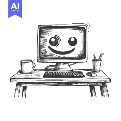 Aset desain premium: Hand-Drawn Sketch of a Smiling Computer on a Desk with Accessories