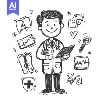 Aset premium populer: Hand-Drawn Sketch of a Smiling Doctor Holding a Clipboard Surrounded b