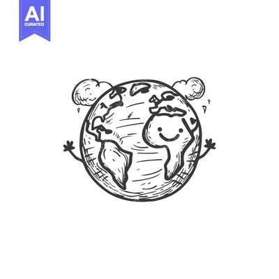 Aset desain premium: Hand-drawn Sketch of a Smiling Earth with Clouds
