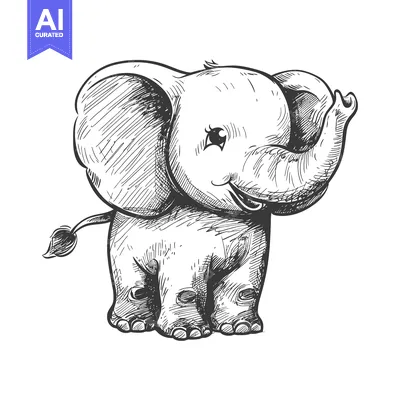 Aset desain premium: Hand-Drawn Sketch of a Smiling Elephant Calf